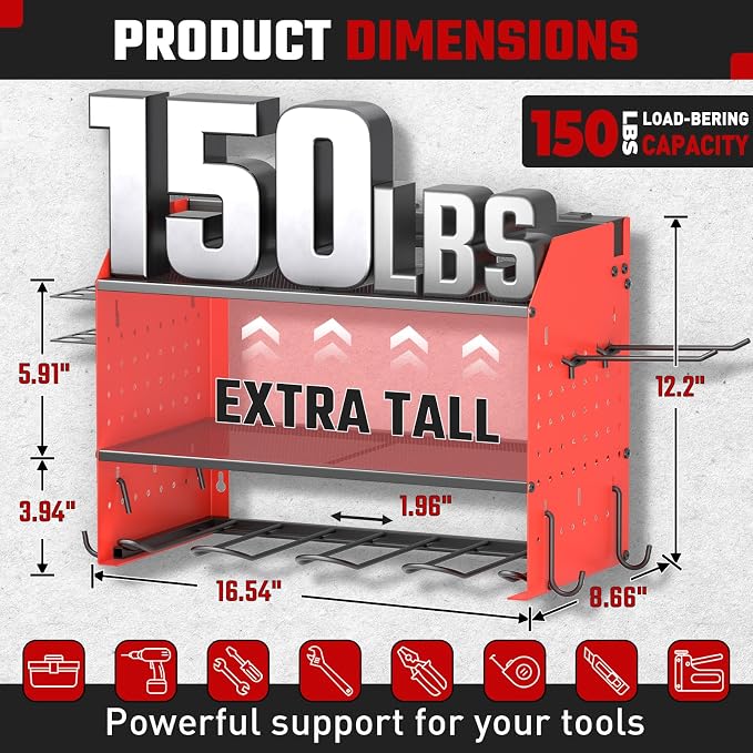 Power Tool Organizer Wall Mount 3 Layer Charging Station with 6 Outlets | Heavy Duty Tool Holder Storage Shelf Rack for Garage, Workbench and Workshop, Black, 4 Drill Holders and Drill Bit Rack, Red