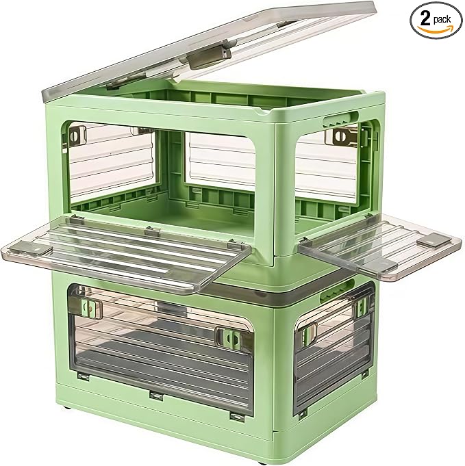 32Qt Plastic Storage Bins with Lid, Collapsible Storage Bins with Wheels, Storage Boxes with 4 Doors, Stackable Storage Bins for Organizing Clothes, Snacks and Camping, 2-Pack (Green)