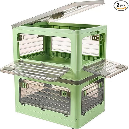 32Qt Plastic Storage Bins with Lid, Collapsible Storage Bins with Wheels, Storage Boxes with 4 Doors, Stackable Storage Bins for Organizing Clothes, Snacks and Camping, 2-Pack (Green)