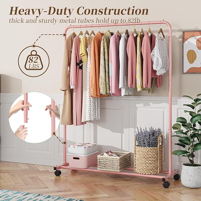 Simple Trending Standard Clothes Clothing Garment Rack with Storage Shelves, Rolling Clothes Organizer on Wheels for Hanging Clothes, Pink