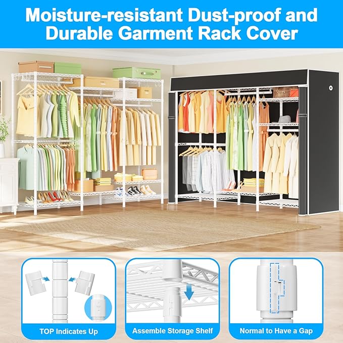 E13C Heavy Duty Closet Organizer System，Freestanding Clothing Racks for Hanging Clothes，Adjustable Garment Rack 63" W x 16" D x 77" H Hold 960 lbs，White Clothing Rack with Black Dustproof Cover
