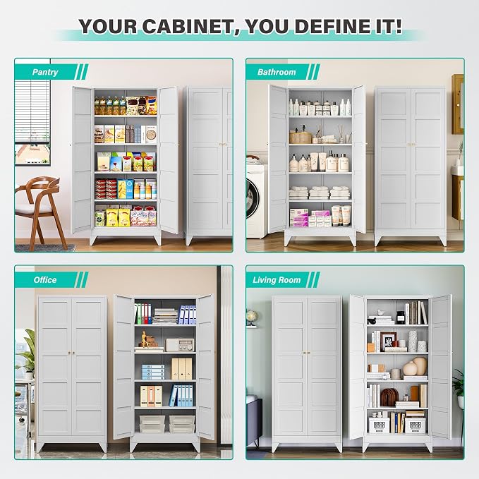 SISESOL Wide & Deep Pantry Storage Cabinet with 2 Doors and 5 Shelves,72 inch Tall Metal Storage Cabinet,Large Cupboard,White Cabinets for Home,Kitchen,Bathroom,Dining/Living Room