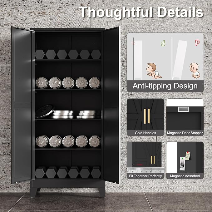 71"H Kitchen Pantry Storage Cabinet,Metal Black Food Pantry with 2 Door and 4 Adjustable Shelves,Laundry Room Freestanding Cabinet,Tall Hutch Cabinet,Large Farmhouse Cupboard for Dining Living Room