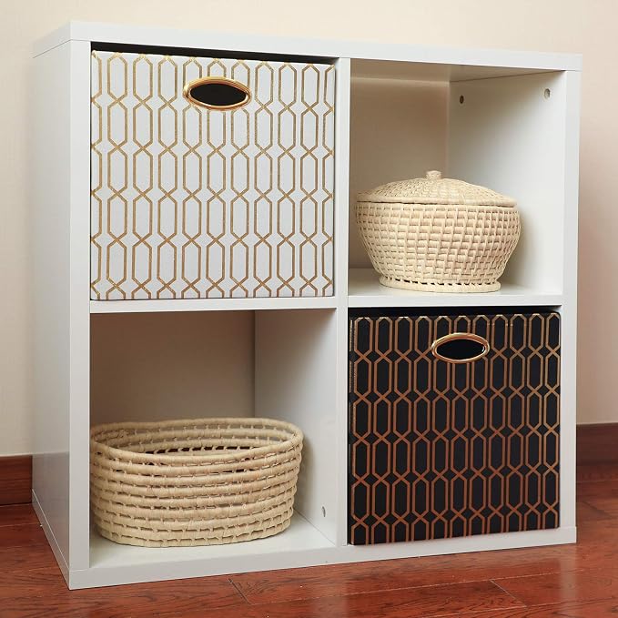 Posprica Storage Bins, Storage Cubes,13×13 Fabric Drawers Organizer Basket Boxes Containers (13×13×13/4pcs, Black/gold geometry Pattern)