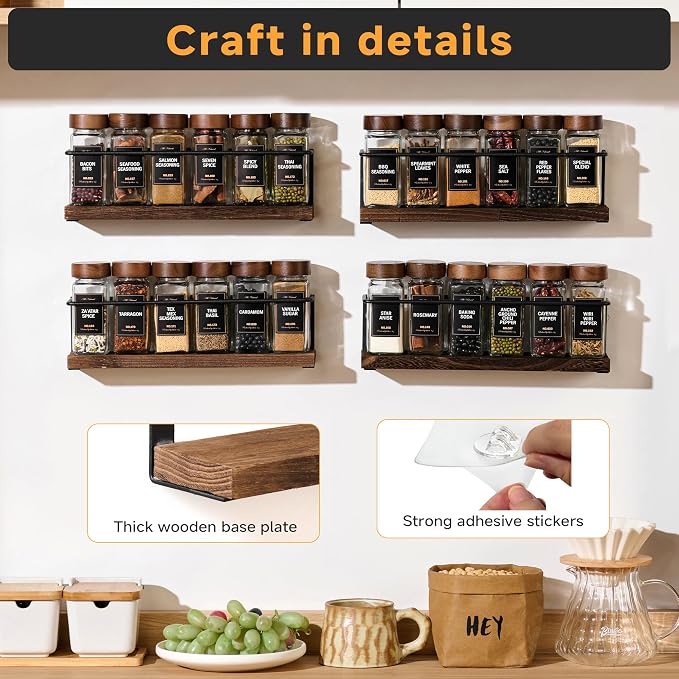 2-Tier Wall Mount Spice Rack Organizer - Screw/Adhesive Mount, Black Metal & Wood Spice Storage for Kitchen Pantry Cabinet, 11.6”L x 2.4”W x 3.2”H,Spice Jars Not Included