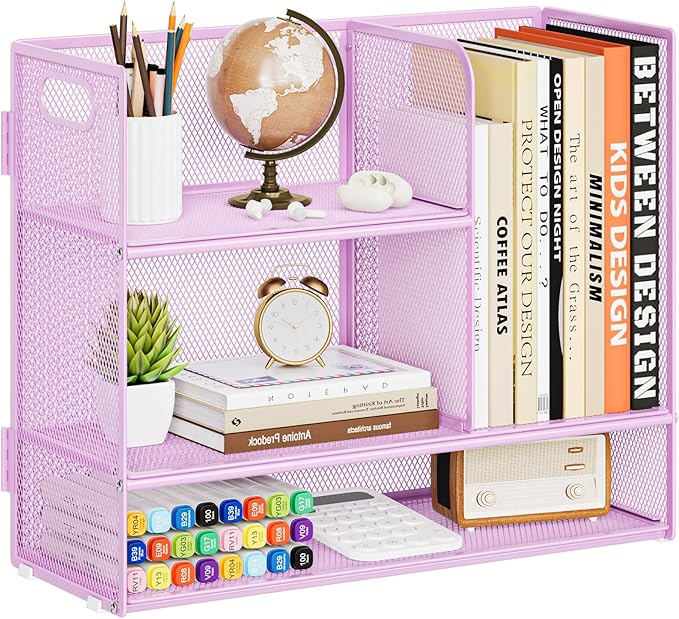 Marbrasse Desk Shelf Organizer with Handle, Bookshelf File Holder, Purple | 3-Tier Desktop Mesh Display Shelf Organizer Storage Rack for Office, Home, Supplies, Kitchen