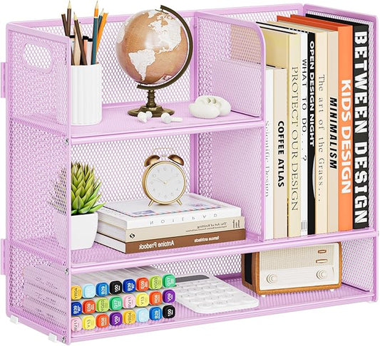 Marbrasse Desk Shelf Organizer with Handle, Bookshelf File Holder, Purple | 3-Tier Desktop Mesh Display Shelf Organizer Storage Rack for Office, Home, Supplies, Kitchen