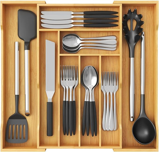 Lifewit Silverware Drawer Organizer, Wooden Utensil Tray for Kitchen | Expandable Flatware and Cutlery Holder, Adjustable Storage for Spoons Forks Knives, 10.2-18.1 x 16.7", Natural