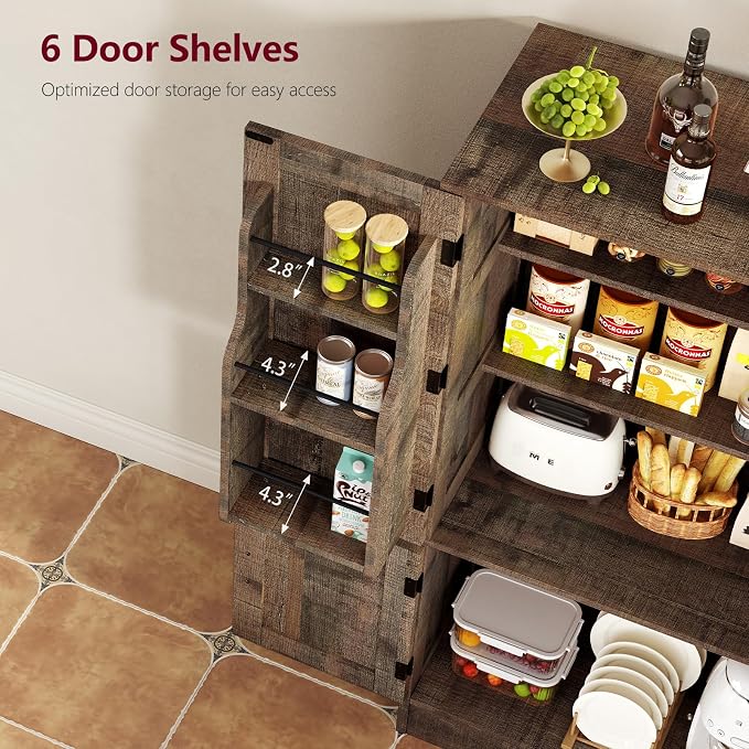 Storage Cabinet with 4 Doors, 43.3" H Farmhouse Kitchen Cabinet with 6 Door Shelves, Kitchen Storage Cabinets with Adjustable Shelves, for Living Room, Antique Oak