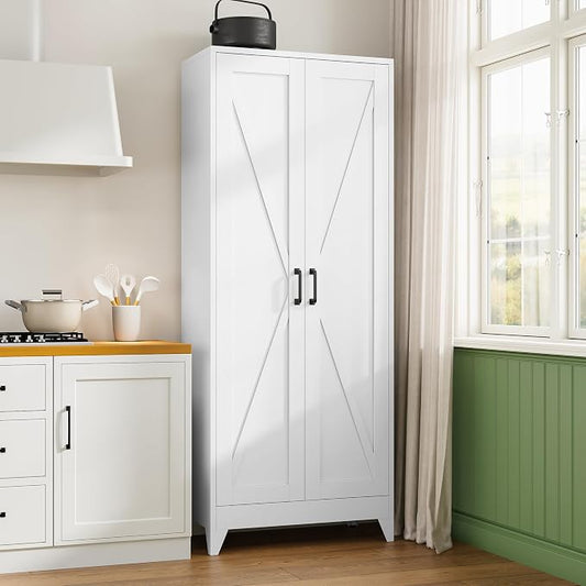Letaya 75" H Metal Storage Cabinet with 2 Doors and 4 Shelves,Tall Kitchen Pantry Cabinets,Farmhouse Utility Pantry Organizers for Cupboard/Dining/Bathroom/Home Office/Garage,White