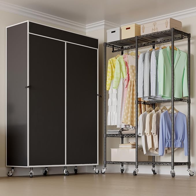 Higeego H9 Garment Rack with Cover, Heavy Duty Clothing Rack for Hanging Clothes, Portable Closet with wheels, Wardrobe Closet with Adjustable Shelves, Black Rack Shelf with Black Fabric Cover