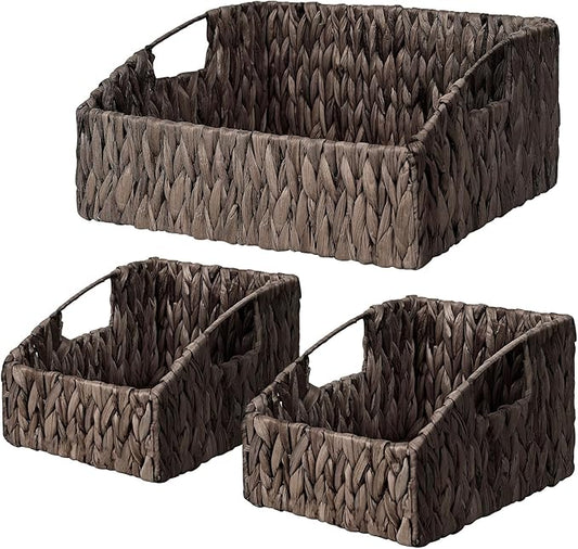 Pantry Baskets Organization, Wicker Basket for Shelf Black | Handwoven Pantry Organizers and Storage with Built-in Handles, Laundryroom Organization Storage Bins for Snack Cans
