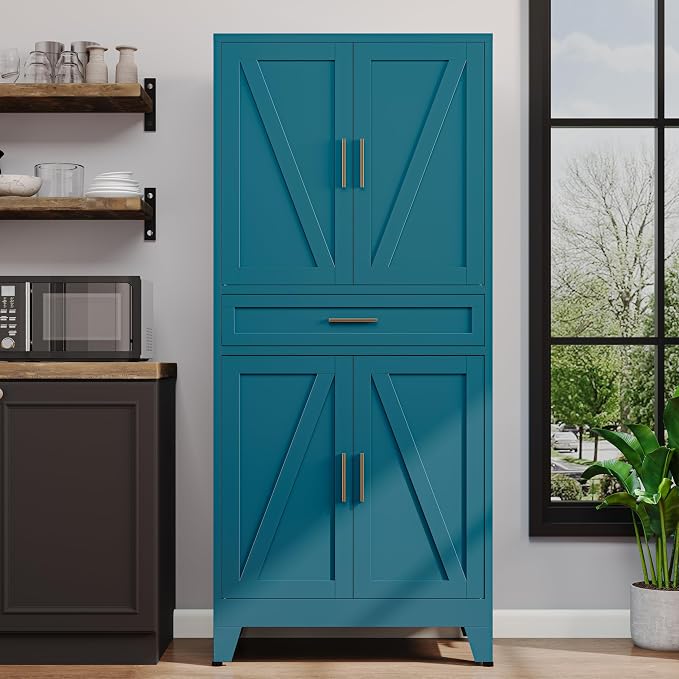 71"H Metal Kitchen Pantry Cabinet with Drawers,Blue Kitchen Storage Cabinets with Doors,Farmhouse Pantry Food Storage Cabinets,Tall Pantry Cabinets,Large Freestanding Cabinets for Dining Room
