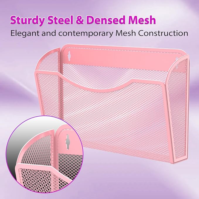 MINDEPOT Wall File Organizer, Hanging Wall File Holder, 3 Pack, Pink | Heavy Duty Iron, Metal Mesh Wall Mount, Single Pocket, Mail Organizer, for Office School Classroom Home, Letter A4 Size