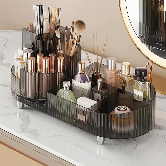 Booklov Rotating Makeup Organizer for Vanity Countertop, Smoke | Clear Acrylic Cosmetic Display Case, Large Beauty Brush Holder for Bathroom Counter, Skincare Lipsticks Storage