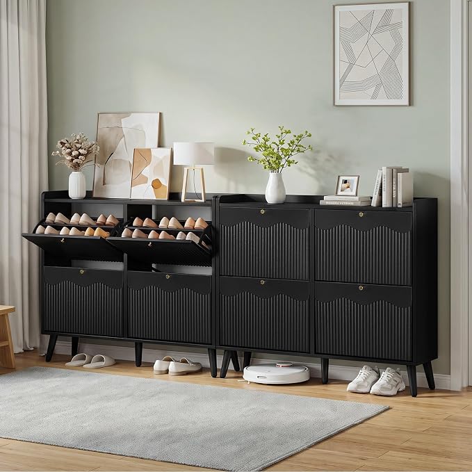 BERRYMERRY Black 47.2” Shoe Storage Cabinet with 4 Flip Drawers | narrow,entryway,adjustable feet,32 pairs shoe,shoe organize,hidden shoe rack,fluted panel,wave pattern,wood,space saving