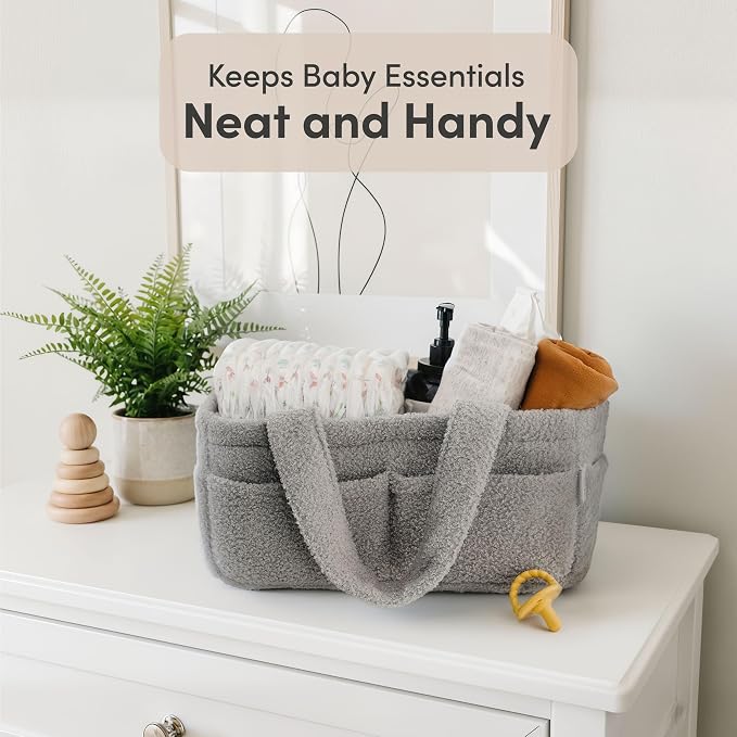 PUTSKA Baby Diaper Caddy Organizer, Nursery Basket, Gray Fleece