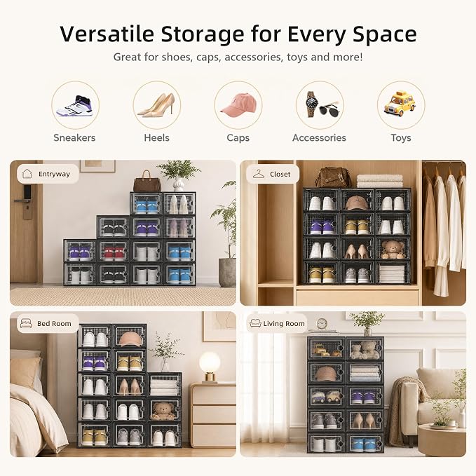 Kuject X-Large Shoe Storage Boxes 12 Pack, Clear Stackable Shoe Organizer | Shoe Case for Closet, Entryway & Under-Bed Storage, Drop-Front Design, Space-Saving Solution for Family Organization,Black