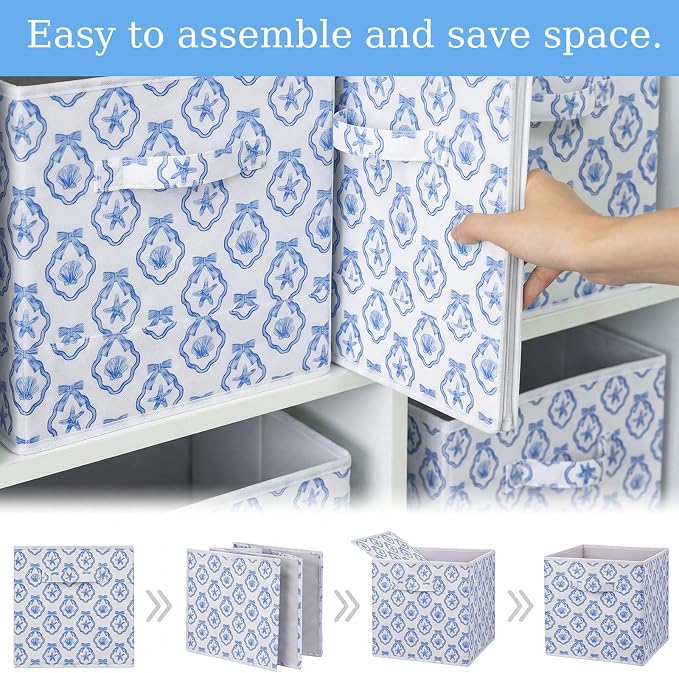 6 Pcs Blue Bow Seashell Storage Bins 11 Inch Summer Beach Storage Basket with Handle, Coastal Organizer Basket, Ocean Collapsible Fabric Box for Classroom Bedrooms Office Home Decoration Gift