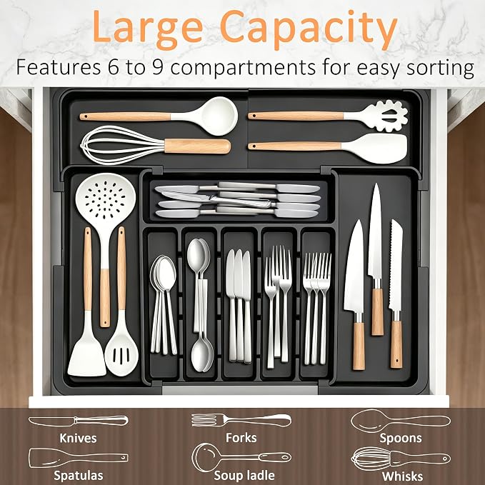 Silverware Organizer Expandable Kitchen Utensil Drawer Organizer Large BPA Free Adjustable Cutlery Silverware Tray for Spoons Forks Knives Storage Divider for Kitchen Flatware 6-9 Slots Black