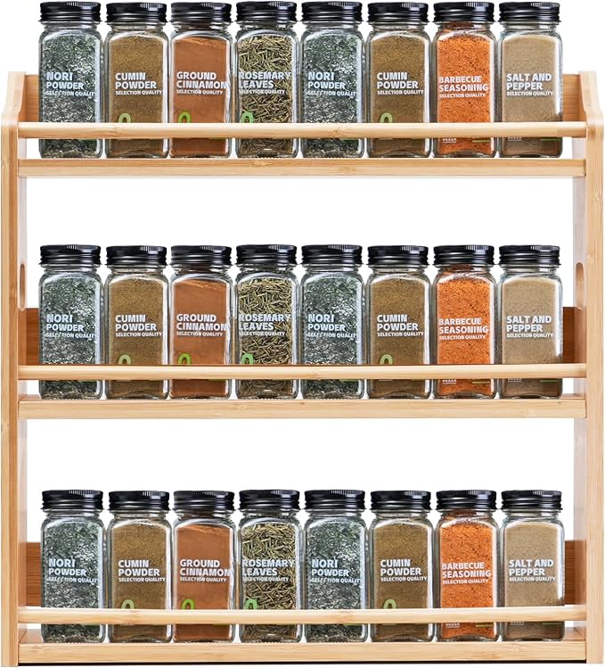3 Tier Bamboo Spice Rack Organizer for Kitchen Countertop or Wall Mounting | Holds 48pcs 4oz Spice Jars, Handles for Easy Lifting, FSC-certified Bamboo
