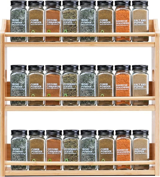 3 Tier Bamboo Spice Rack Organizer for Kitchen Countertop or Wall Mounting | Holds 48pcs 4oz Spice Jars, Handles for Easy Lifting, FSC-certified Bamboo