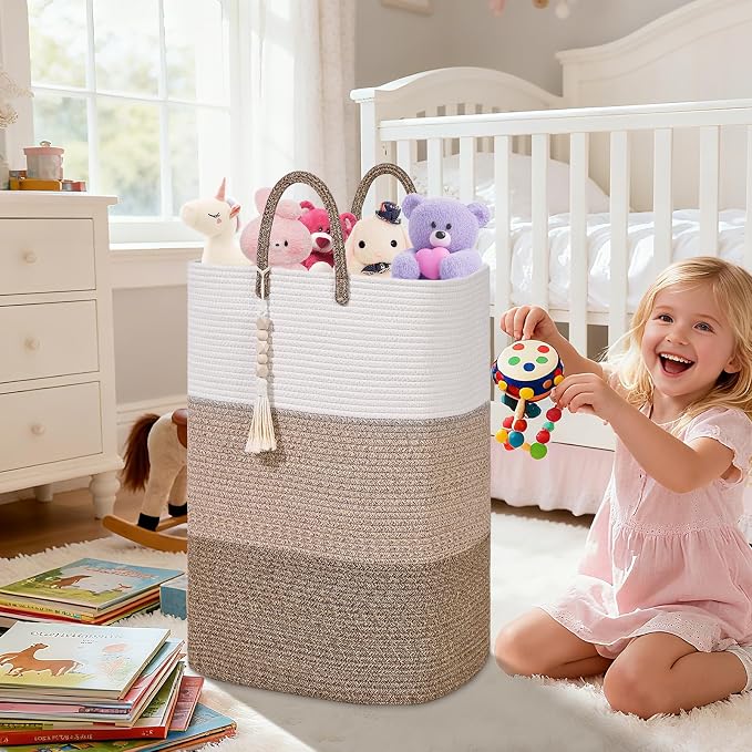 Woven Laundry Basket for Clothes,100 L Large Rectangle Laundry Hampers with Beads Tassel, Nursery Storage Basket for Toys, Tall Dirty Clothes Hamper for Bedroom Aesthetic, Laundry Room Organization