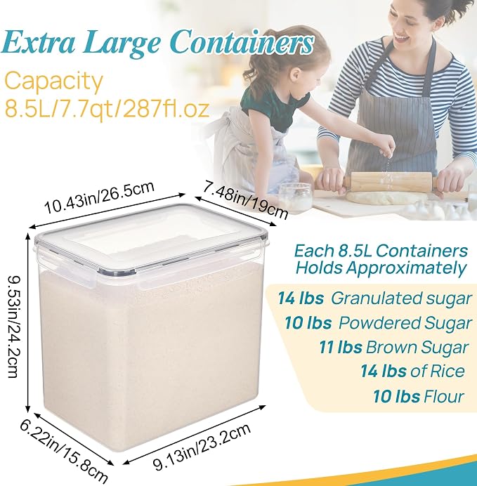 Vtopmart 8.5L Extra Large Flour Sugar Storage Containers, 2 PCS, Black | Each for 10 lbs Flour, Airtight Seal, BPA Free, Food Grade Material, Dishwasher Safe (Not Lids)
