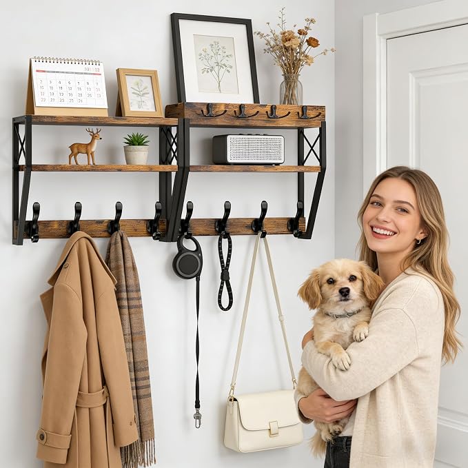 Upgraded 3-Tier Large Coat Rack Wall Mount with Shelf | 4 in 1 Versatile Coat and Key Hanger Wall Mount, 32-inch Entryway Wall Shelf with 12 Hooks for Living Room Bedroom