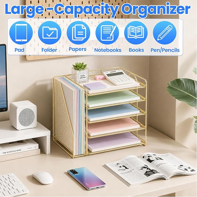 OPNICE Desk Organizer, 5-Tier Paper Organizer Letter Tray with Magazine Holder, Office Desk Accessories & Workspace Organizers, Desktop File Organizer for Office Supplies Storage, Gold