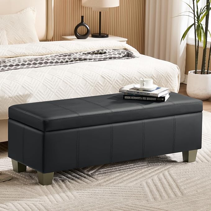 WUTUTUEE 51" Faux Leather Storage Ottoman, Stitch Tufted Rectangle Upholstered End of Bed Storage Bench, Entryway Large Couch Ottoman with Wooden Legs, Dark Black