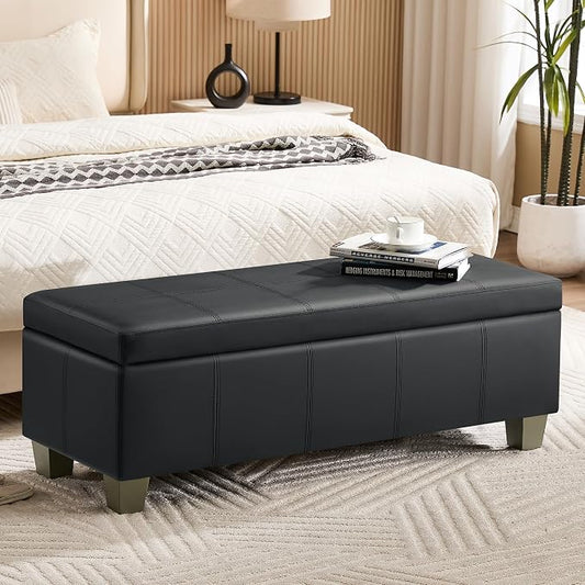 WUTUTUEE 51" Faux Leather Storage Ottoman, Stitch Tufted Rectangle Upholstered End of Bed Storage Bench, Entryway Large Couch Ottoman with Wooden Legs, Dark Black