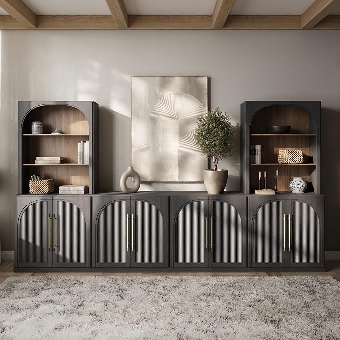 BELLEZE 6-Piece Modular TV Stand, Entertainment Center with Double-Arc Wood Door and Storage Hutch Cabinets, Classic Modern Media Console Table for Living Room Dining Room (Ebony)