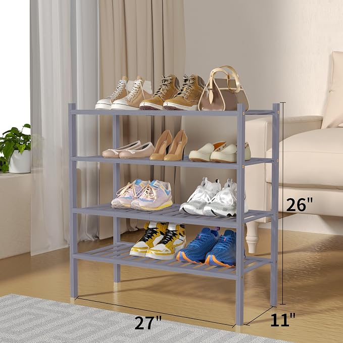 ROMGUAR CRAFT 4 Tier Bamboo Shoe Rack for Closet Free Standing Wood Shoe Shelf for Entryway Small Space Stackable 27"x11"x26" (Grey)