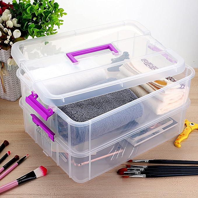 JUXYES 2-Tiers Plastic Stack Carry Storage Containers Box wih Handle Lids | Clear Stackable Latching Craft Storage Bin for School Office, Organizing Stationery, Sewing, Art Craft, DIY Supplies, Purple