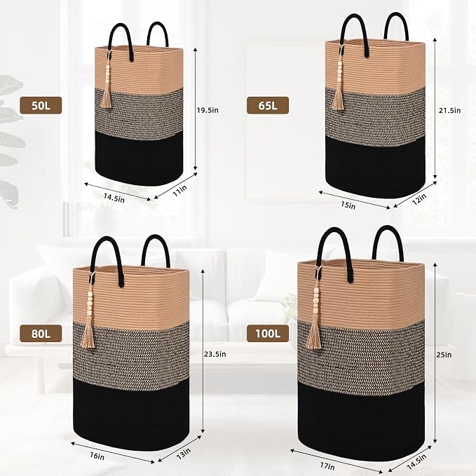 Woven Laundry Basket for Clothes, 100 L Large Rectangle Laundry Hampers, Nursery Storage Basket for Toys, Tall Dirty Clothes Hamper for Bedroom Aesthetic, Bathroom, Laundry Room