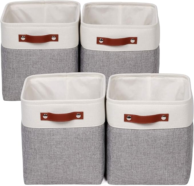 Univivi 10.5 Inch Fabric Cube Bins with Hard Bottom, 4 Pack Storage Baskets with PU Handles for Shelves Closet Foldable Storage Bins for Organizing (Gray,10.5" x 10.5" x 11") | Hard Cardboard Bottom,Metal Frame,PU Handles,Foldable,Linen Closet Baskets ...