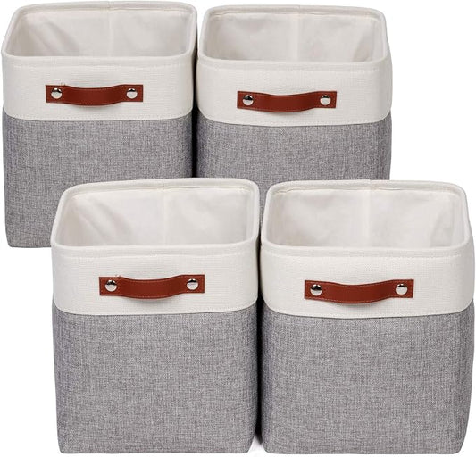 Univivi 10.5 Inch Fabric Cube Bins with Hard Bottom, 4 Pack Storage Baskets with PU Handles for Shelves Closet Foldable Storage Bins for Organizing (Gray,10.5" x 10.5" x 11") | Hard Cardboard Bottom,Metal Frame,PU Handles,Foldable,Linen Closet Baskets ...