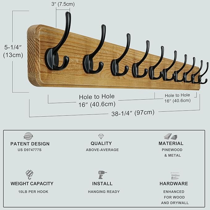 Coat Rack Wall: 38-1/4" Long, Patented, Heavy-Duty, 10-Double-Hooks Wooden Wall Mounted Coat Rack Coat Hanger Hook Rail for Winter Coats Hat Jacket Clothing, Weathered Brown