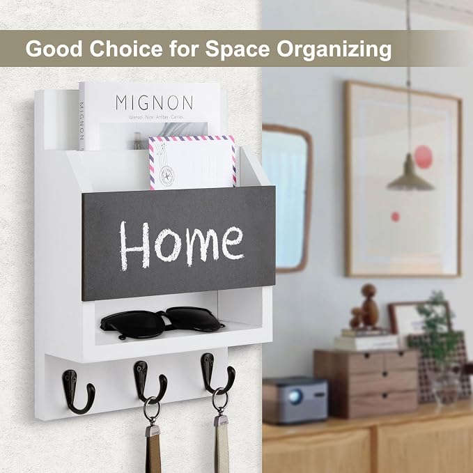 Key and Mail Holder for Wall, Key Holder with Chalkboard and Long Storage Box, Key Hanger with 3 Sturdy Hooks for Coat, Dog Leash, Entryway Mail Organizer (White)