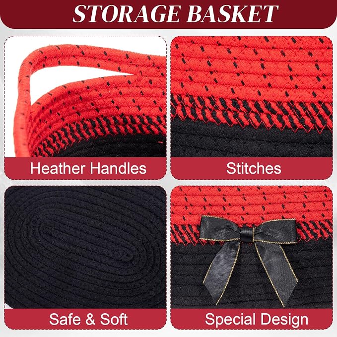 Colingmill 1 Set Woven Empty Basket for Gift,Red Black | with Cellophane Wrap Set, 14 x 10 x 5.5 Inch, Medium Decorative Gift Basket, Cotton Rope Storage Box, Home Decor