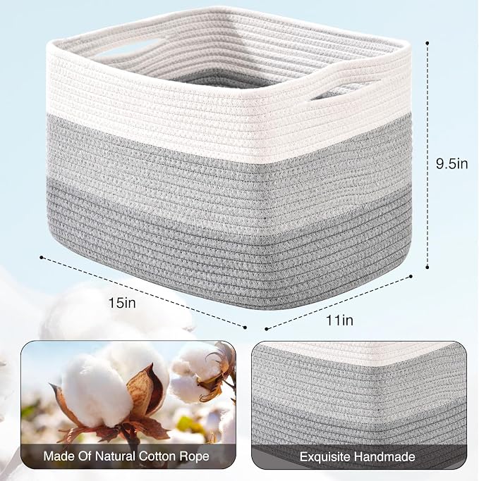 ICERZCZ Storage Baskets for Organizing Shelves, Woven Cotton Rope Baskets for Storage Books Towels Toys, Organizing Baskets, Toy Basket for Nursery Bathroom, 15"x11"x9.5", 3 Packs, Gradient Grey