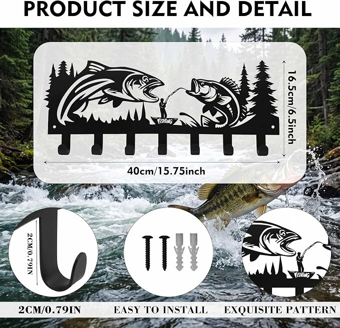Black Metal Fishing Decor Wall Hooks, Fish Hooks Key Holder Wall Mount for Hanging Key Hat Coat, Animal Theme Hook Rack for Entryway Hallway Bedroom Bathroom, Gifts for Fishing Enthusiasts
