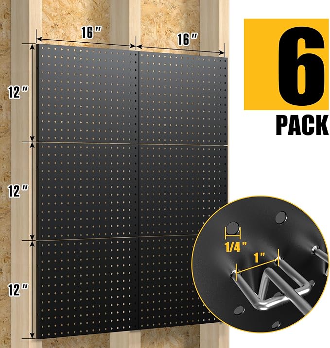 Spampur Peg Board, 6 Pack Metal Pegboard Panels with 50 Hooks | Black Pegboards Wall Organizer Heavy Duty Peg Board for Walls Home, Garage Tool Storage, Office Organization, Craft Room