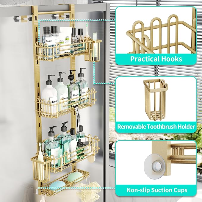HapiRm Hanging Shower Caddy Organizer - Shower Shelf with 22 Hooks and 2 Toothbrush Holders, No Drilling Adjustable Hanging Bathroom Organizer - Gold