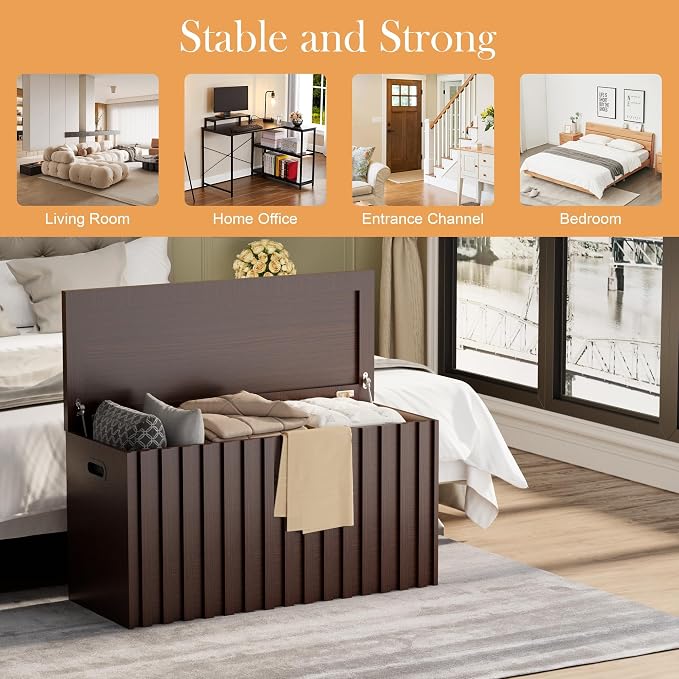 Storage Bench,39.4" Wood Box, Storage Trunk with 2 Safety Hinges, Ottoman Storage Chest, Fluted Storage Bench for Bedroom, Entryway, Living Room (Walnut)