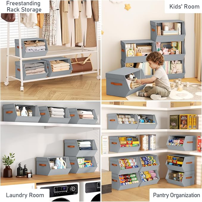 Stackable Closet Organizers and Storage Bins, Open Front Closet Shelf Organizer System With Steel Frame, Clothes Storage Basket Fabric, Collapsible Closet Drawers for Wardrobe, Nursery ,Toy, 4 Pack