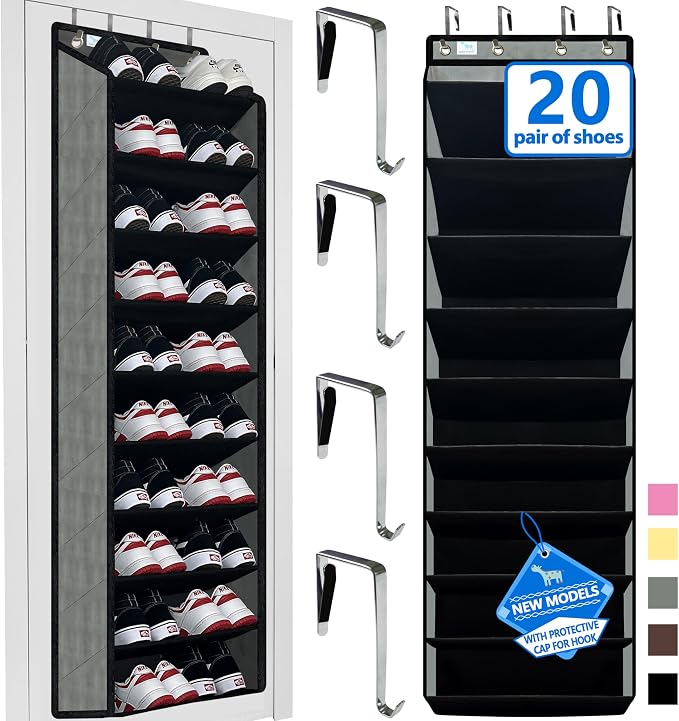 shoe organizer,70 Pounds Large Capacity,20-30-Pair over the door shoe organizer,10 Tiers shoe rack for closet,New upgrade Anti-scratch heavy duty hook and Bamboo material Baffle,Grey/Black