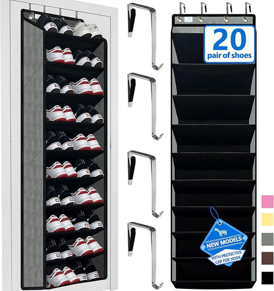shoe organizer,70 Pounds Large Capacity,20-30-Pair over the door shoe organizer,10 Tiers shoe rack for closet,New upgrade Anti-scratch heavy duty hook and Bamboo material Baffle,Grey/Black