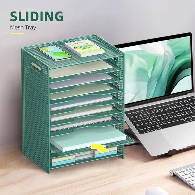 OUTWOLF 10 Tier Paper Organizer - Letter Tray Mesh Desk File Organizer with Handles for Office School Desktop, Green